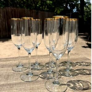 Elegant Gold Rim Champagne Flutes 9.25" Tall Vintage Toasting Glasses-Set of 8